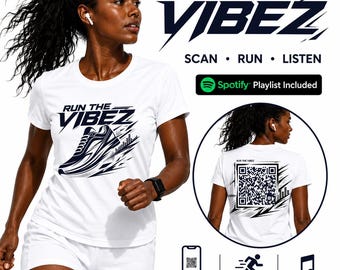 Run The Vibez Laufshirt mit Spotify-Playlist-QR-Code | Automatisch aktualisierendes Musik-T-Shirt für Läufer