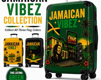 Jamaican Vibez Green Suitcase | Jamaica Flag Hard Shell Luggage | Caribbean Travel Suitcase | Spinner Carry On | Tropical Travel Gift