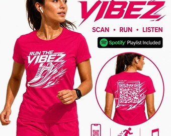 Run The Vibez Laufshirt mit Spotify-Playlist-QR-Code | Automatisch aktualisierendes Musik-T-Shirt für Läufer
