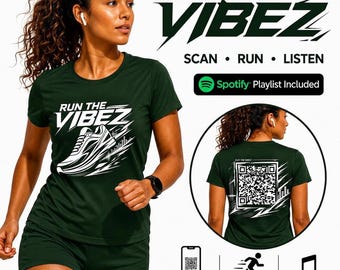 Run The Vibez Laufshirt mit Spotify-Playlist-QR-Code | Automatisch aktualisierendes Musik-T-Shirt für Läufer