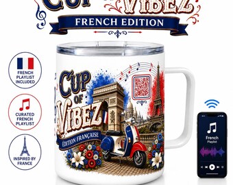 Cup of Vibez | French Coffee Mug with Spotify Playlist QR Code | Insulated Coffee Mug, 10oz