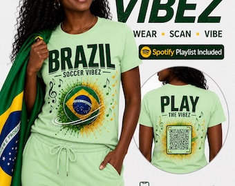 Play the Vibez | QRコード付きプレイリスト入りブラジルサッカーファンシャツ | フットボールTシャツ | ブラジルサッカーミュージックシャツ