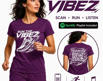 Run The Vibez Laufshirt mit Spotify-Playlist-QR-Code | Automatisch aktualisierendes Musik-T-Shirt für Läufer