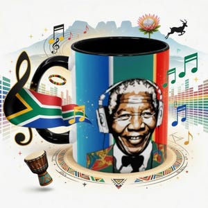 May include: A white ceramic mug with a black interior, featuring a colorful design of Nelson Mandela wearing headphones. The mug includes the South African flag, musical notes, and a drum, with a mountain backdrop.