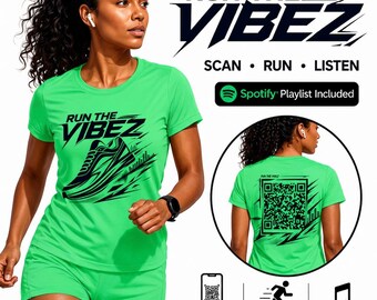 Run The Vibez Laufshirt mit Spotify-Playlist-QR-Code | Automatisch aktualisierendes Musik-T-Shirt für Läufer