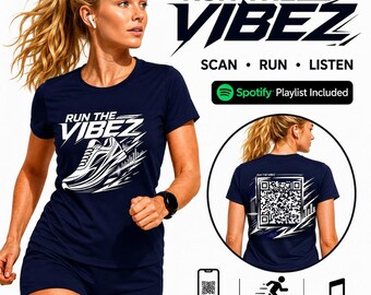 Run The Vibez Laufshirt mit Spotify-Playlist-QR-Code | Automatisch aktualisierendes Musik-T-Shirt für Läufer