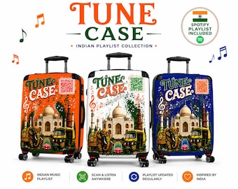 Maleta de viaje Tune Case - Maleta de viaje india con lista de reproducción mediante código QR / Regalo para amantes de la música india / Equipaje para música Spotify / Blanca