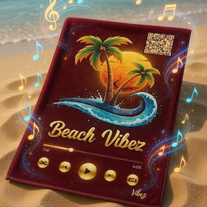 May include: A maroon beach towel with a tropical design featuring palm trees, a sunset, and ocean waves. The towel has the words "Beach Vibez" and a music player interface. Musical notes surround the towel.