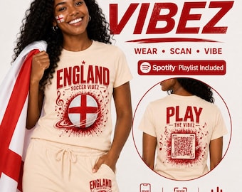 イングランドサッカーファンTシャツ（QRコード付きプレイリスト）｜フットボールバイブスTシャツ｜イングランドサッカーミュージックTシャツ