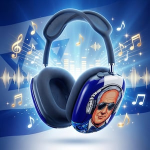 May include: Blue over-ear headphones with a portrait on the ear cup. The headphones are surrounded by musical notes and sound wave graphics. The background is a gradient of blue.