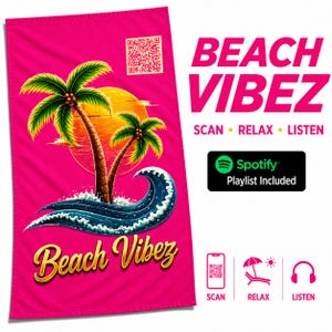 Serviette de plage Vibez avec code QR Spotify Playlist | Musique de plage relaxante incluse | Cadeau pour amoureux de la plage | Édition limitée