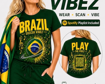 Play the Vibez | QRコード付きプレイリスト入りブラジルサッカーファンシャツ | フットボールTシャツ | ブラジルサッカーミュージックシャツ