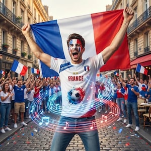 May include: A person in a white t-shirt with "FRANCE" and a soccer ball graphic, holding a French flag aloft. The person has face paint in the colors of the French flag. A crowd of people in blue and white cheer in the background.