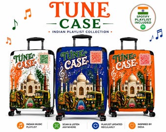Maleta de viaje india con lista de reproducción mediante código QR / Regalo para amantes de la música india / Equipaje para música Spotify / Azul