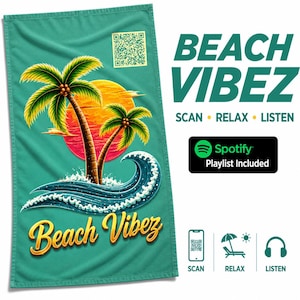 Peut inclure: Une serviette de plage sarcelle avec un motif de deux palmiers, un coucher de soleil et une vague déferlante. Le texte indique BEACH VIBEZ, SCAN, RELAX, LISTEN et Spotify Playlist Included. Un code QR est imprimé sur la serviette et l'image.