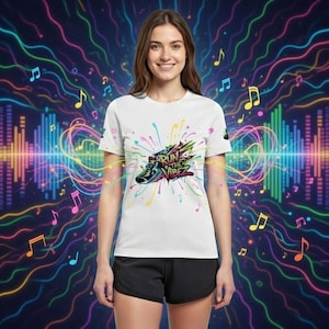 May include: White t-shirt with a colourful graphic of a running shoe and the text "Run the Vibe". The design features splashes of colour and is set against a vibrant, musical background with musical notes and sound waves. The person is wearing black shorts.