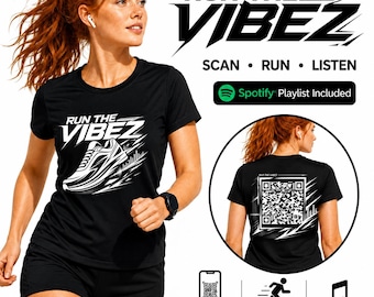 Run The Vibez Laufshirt mit Spotify-Playlist-QR-Code | Automatisch aktualisierendes Musik-T-Shirt für Läufer