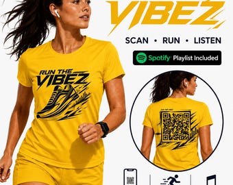 Run The Vibez Laufshirt mit Spotify-Playlist-QR-Code | Automatisch aktualisierendes Musik-T-Shirt für Läufer