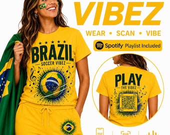 Play the Vibez | QRコード付きプレイリスト入りブラジルサッカーファンシャツ | フットボールTシャツ | ブラジルサッカーミュージックシャツ