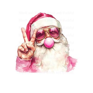 Peut inclure: Illustration à l'aquarelle du Père Noël portant des lunettes de soleil roses et un bonnet de Père Noël rose, soufflant une bulle rose et faisant le signe de la paix. Le Père Noël a une barbe blanche et porte une chemise rose. Le texte "Blush and Bashful" est en arrière-plan.