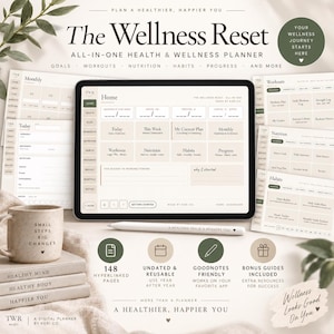 May include: A digital health and wellness planner titled The Wellness Reset displayed on a tablet screen with a stylus, surrounded by printed planner pages, a ceramic mug with the text Small Steps Big Changes, and three stacked books.
