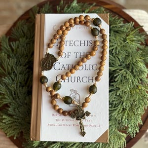 Handmade St. Michael Rosary – Wood & Green Glass Catholic Prayer Beads