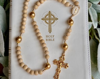 Our Lady of Guadalupe Inspired Rosary – Gold & Natural Wood Catholic Rosary