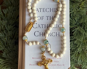 Our Lady of Guadalupe Rosary White, Teal & Gold – Handmade Catholic Rosary