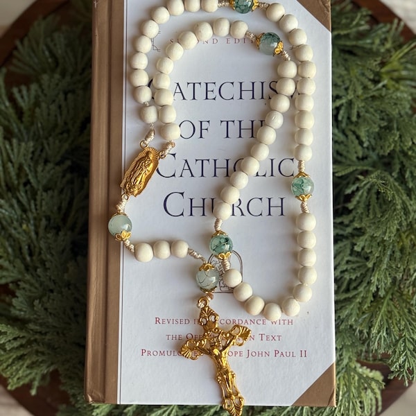 Our Lady of Guadalupe Rosary White, Teal & Gold – Handmade Catholic Rosary
