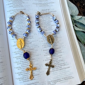 Blue Floral Rosary Purse Clip | Cobalt Glass + Porcelain | Gold or Bronze Finish