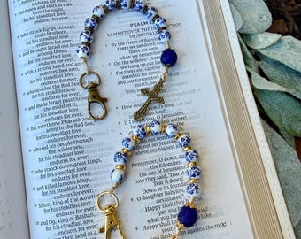 Mini Blue Floral Rosary Keychain | Cobalt Glass + Porcelain | Bronze or Gold Option
