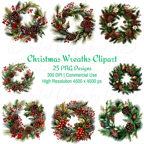 Christmas Wreath Clipart, 25 High Resolution PNG Designs, Winter Clipart, Christmas Wreath Bundle