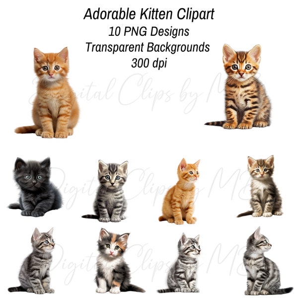 Kitten Clipart, Designer PNG Bundle,  Clipart of Kittens For Nurseries, PNG Design Downloadable