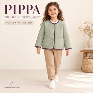 May include: A sage green quilted jacket with a dark purple trim, featuring a round neckline, front button closure, and two patch pockets. The text PIPPA CHILDREN'S QUILTED JACKET PDF SEWING PATTERN is visible in the upper left corner of the image.