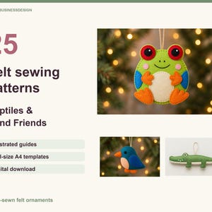 25 Felt Animal Sewing Patterns Bundle, Reptiles and Pond Friends, Frog Gecko Snake Bird Ornaments, A4 PDF Templates