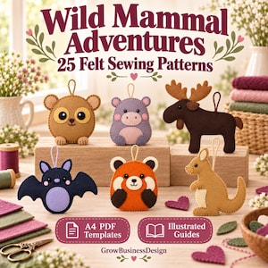 Filz-Nähvorlagen-Set mit Wildtiermotiven, 25 Tierornamente, A4-PDF-Vorlagen und bebilderte Handnähanleitungen