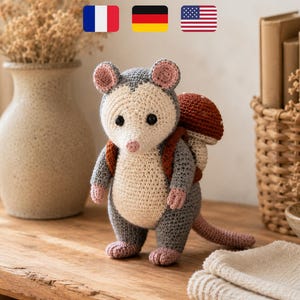 Opossum Crochet Pattern Amigurumi Woodland Animal Plushie Digital Download PDF Cute Mushroom Backpack Stuffed Toy DIY Craft Gift