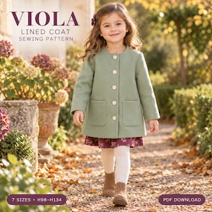 May include: A sage green long-sleeved coat with a round neckline, five light-coloured buttons, and two front patch pockets. The text VIOLA LINED COAT SEWING PATTERN, 7 SIZES H98-H134, and PDF DOWNLOAD is visible on the image.