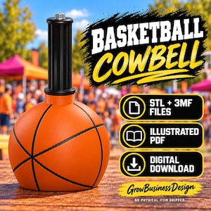 Könnte beinhalten: Ein digitaler Download für eine Kuhglocke in Basketballform mit schwarzem Griff und orangefarbenem, texturiertem Körper. Das Bild enthält den Text BASKETBALL COWBELL, STL + 3MF FILES, ILLUSTRATED PDF, DIGITAL DOWNLOAD und GrowBusinessDesign.