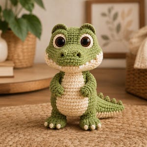 May include: A handmade crochet alligator toy in shades of green and cream. The alligator has large, expressive eyes and a friendly smile. The toy is sitting on a woven mat, with a neutral background.