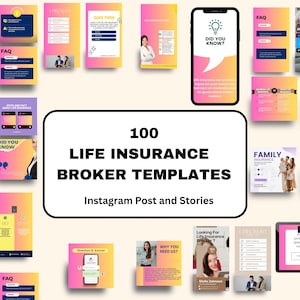 100 Life Insurance Template ,Insurance Broker, Insurance Marketing, Life Insurance Instagram, Insurance Agent Instagram Template