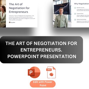 Könnte beinhalten: Eine PowerPoint-Präsentation mit dem Titel "Die Kunst der Verhandlung für Unternehmer". Die Präsentation enthält eine Folie mit einem Foto von zwei Personen, die sich die Hände schütteln, und eine Folie mit einem Foto eines Mannes im Anzug, der vor einem Diagramm steht. Die Präsentation steht im PowerPoint-Format zum Download bereit.
