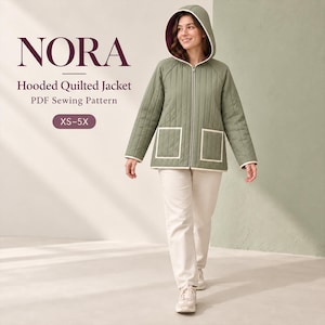 Puede incluir: Una chaqueta acolchada con capucha en color verde salvia, cremallera frontal, dos bolsillos cuadrados con ribete blanco y forro interior morado oscuro. El texto dice NORA Hooded Quilted Jacket PDF Sewing Pattern XS-5X.