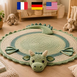 May include: A round, crocheted rug in the shape of a dragon, featuring a green head, tail, and wings. The rug has a cream-colored center with blue and green accents. The rug is approximately 50 inches in diameter.