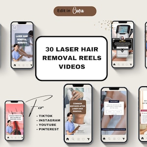 30 videosjablonen laserontharingshaspel, insta-spoelen voor ontharing, canva-sjablonen voor lasertechnicus, inhoud laserontharing