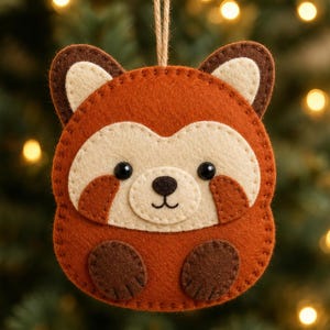 May include: A felt red panda ornament featuring a rust-orange body, cream-colored face mask, and dark brown ears and paws. The animal has two black bead eyes and a stitched black nose and mouth. A thin jute string is attached to the top for hanging.