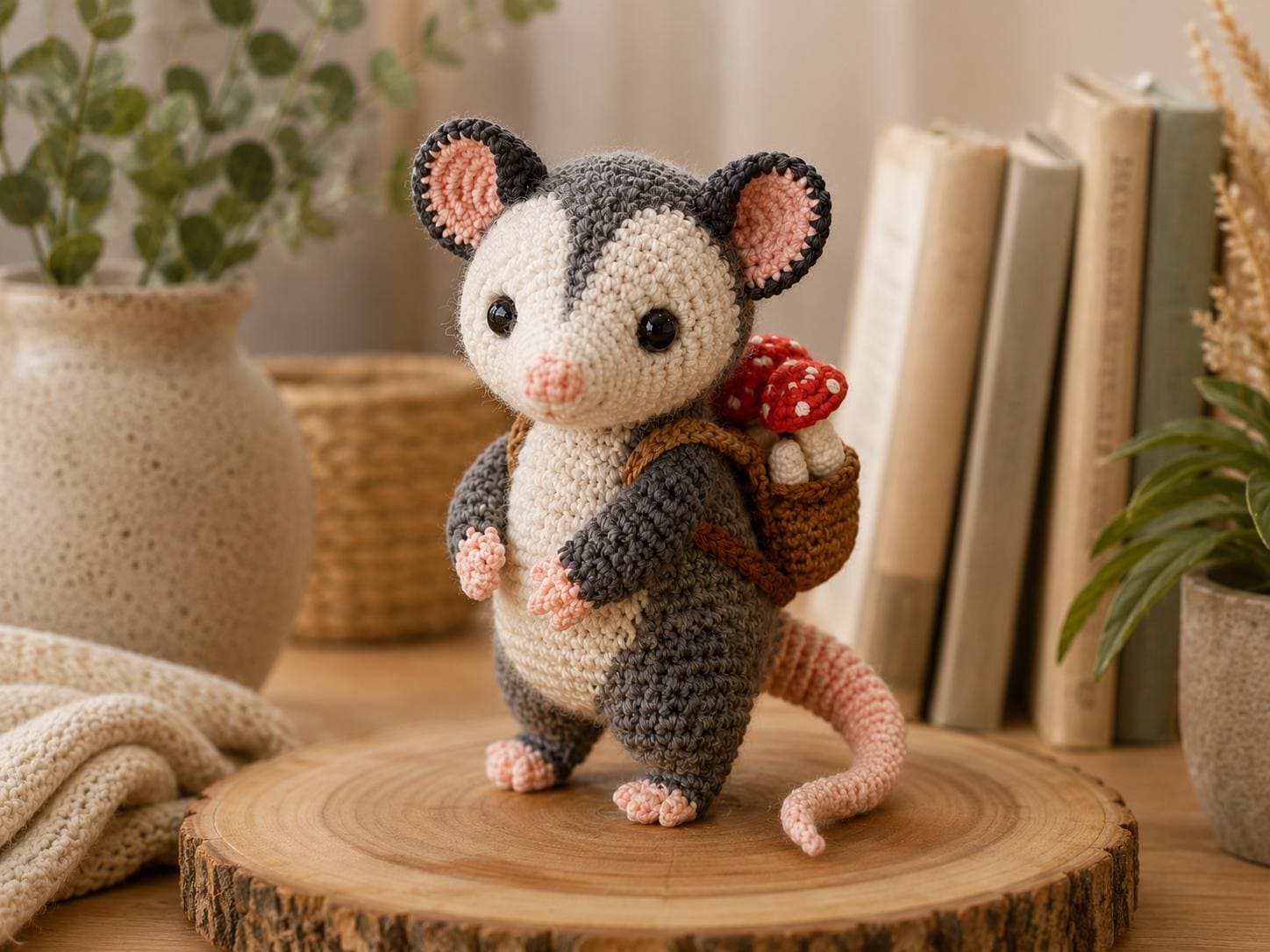 30 Opossum Crochet Patterns for Cute, Quirky Amigurumi Projects 17 Woodland Opossum with Mushroom Basket Crochet Pattern