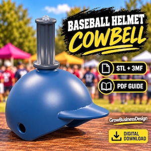 Op de afbeelding: Een digitaal bestand van een blauwe honkbalhelm-koebel met een verticale handgreep. De afbeelding bevat de tekst BASEBALL HELMET COWBELL, STL + 3MF, PDF GUIDE, GrowBusinessDesign en DIGITAL DOWNLOAD met een downloadpictogram.