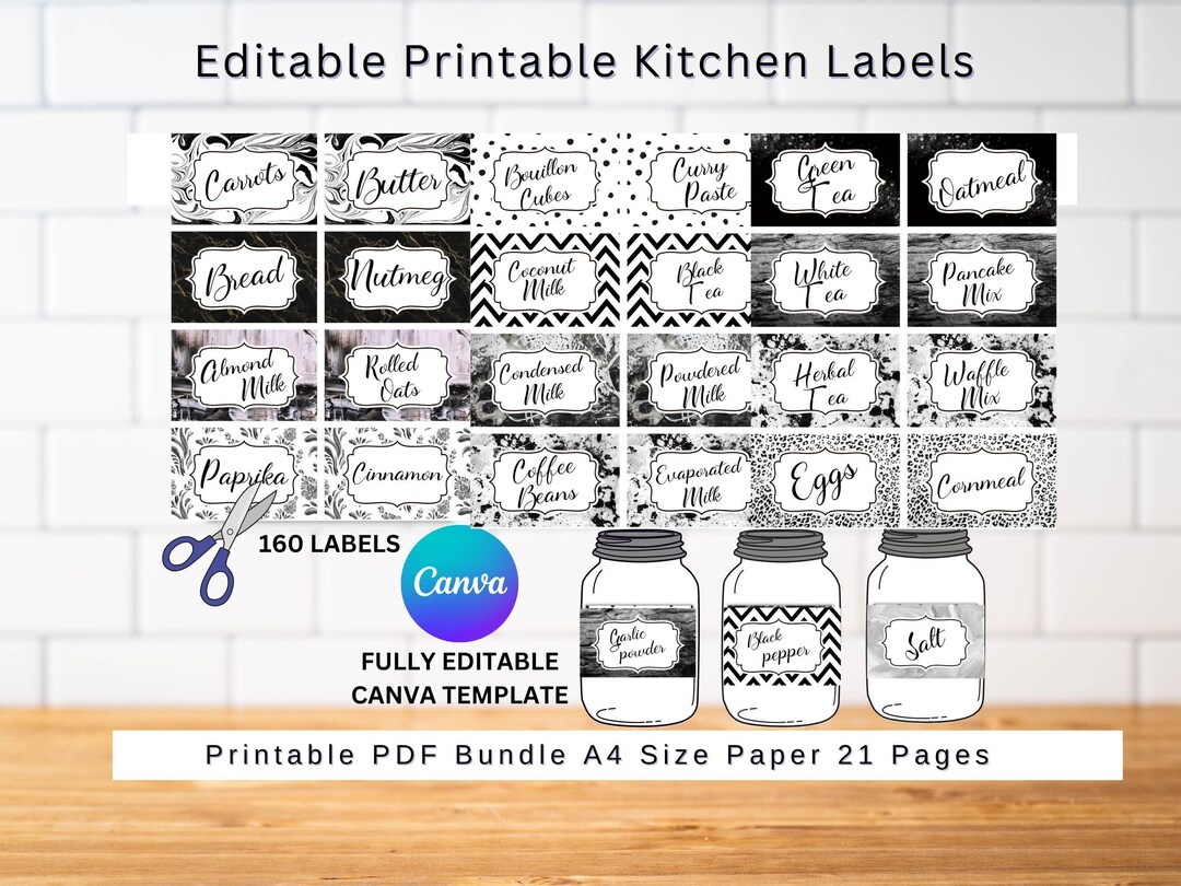 Editable Black and White Kitchen Labels/printable Kitchen Etsy