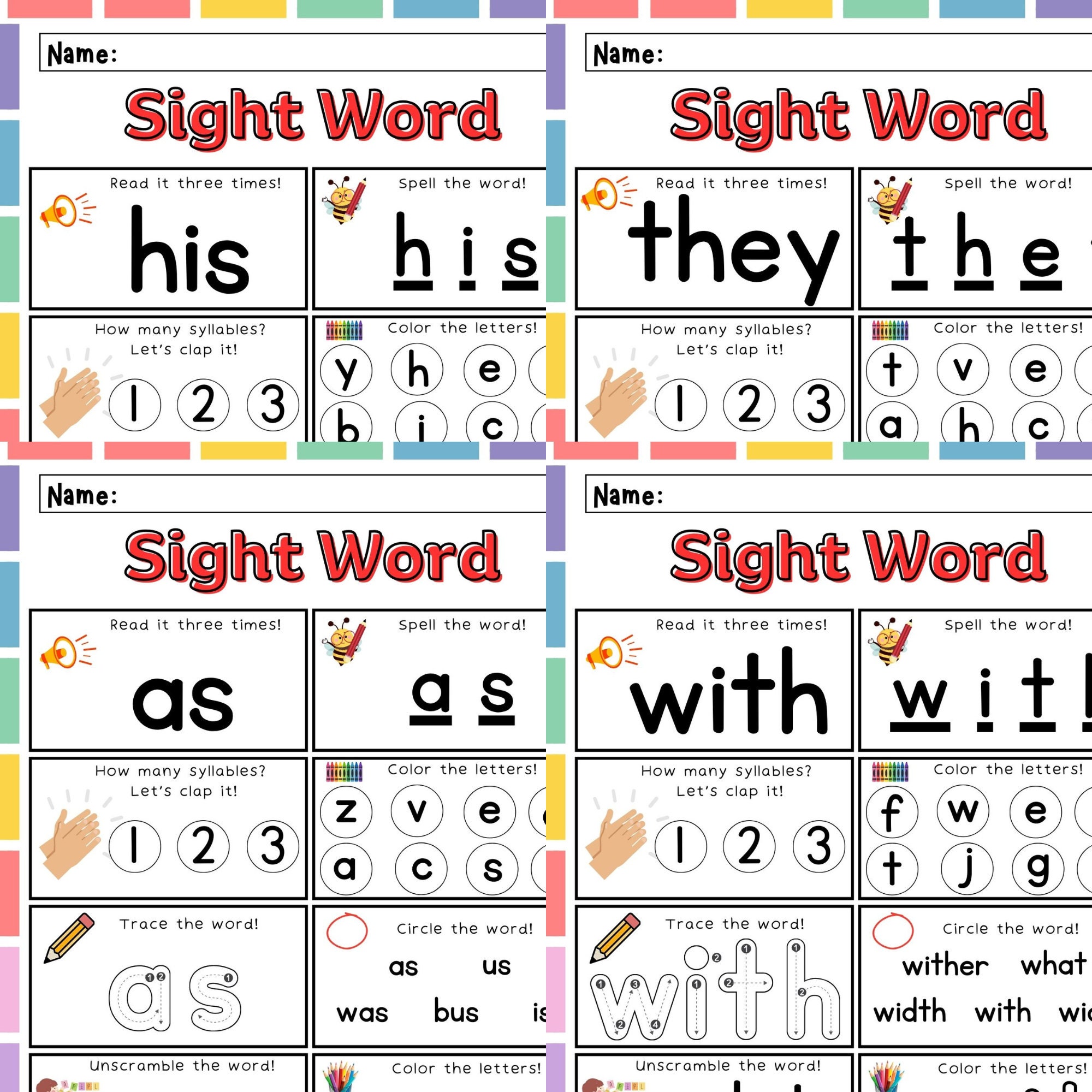 Printable First 100 Words Worksheets/100 Printable Instant - Etsy